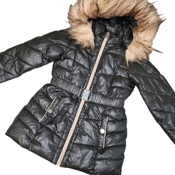 Micheal Micheal Kors Big Girls Stadium Length Belted Puffer coat fuzzy hood 5/6 - Picture 3 of 6